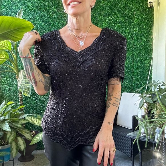 1980s Cote d'Azur Evening Black Sequined Beaded Fringe Top Handicraft Cropped - Picture 4 of 6